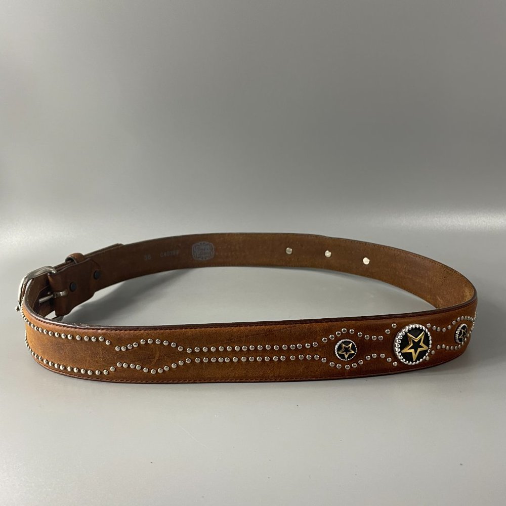 Tony Lama Brown Leather Silver-tone Studded Belt, Size 38 - Picture 3 of 13